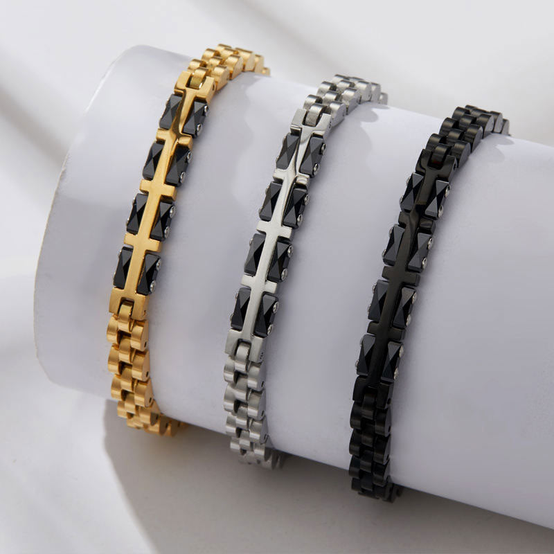 Women's Leisure Fashion Stainless Steel Strap Chain Bracelet Splicing Ceramic Curved Plate Jewelry Accessories