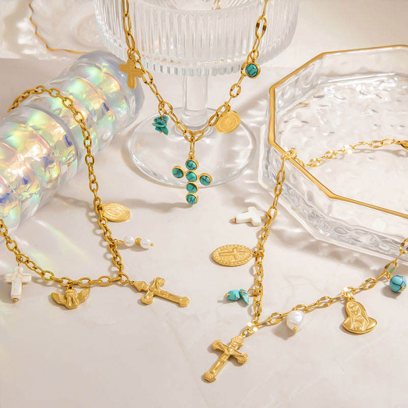 Anti Tarnish 18K Solid Gold Pearl Stainless Stain Cross Pendant Necklace Catholic Religious Items Products for Women Girls