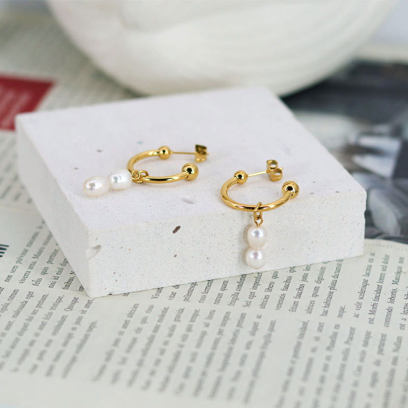 Wholesale High Quality Stainless Steel Fresh Water Pearl Pendant Earrings Trendy Gold Plated