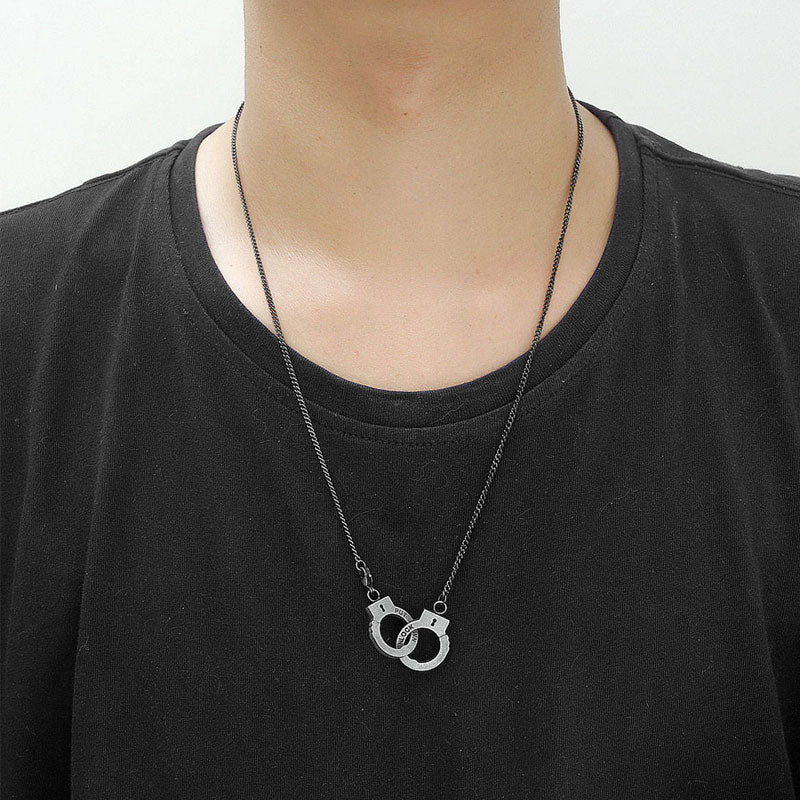 Vintage Unisex Handcuff Shaped Pendant Necklace with Engraved Faith Letters Couple Matching Jewelry Stainless Steel for Men