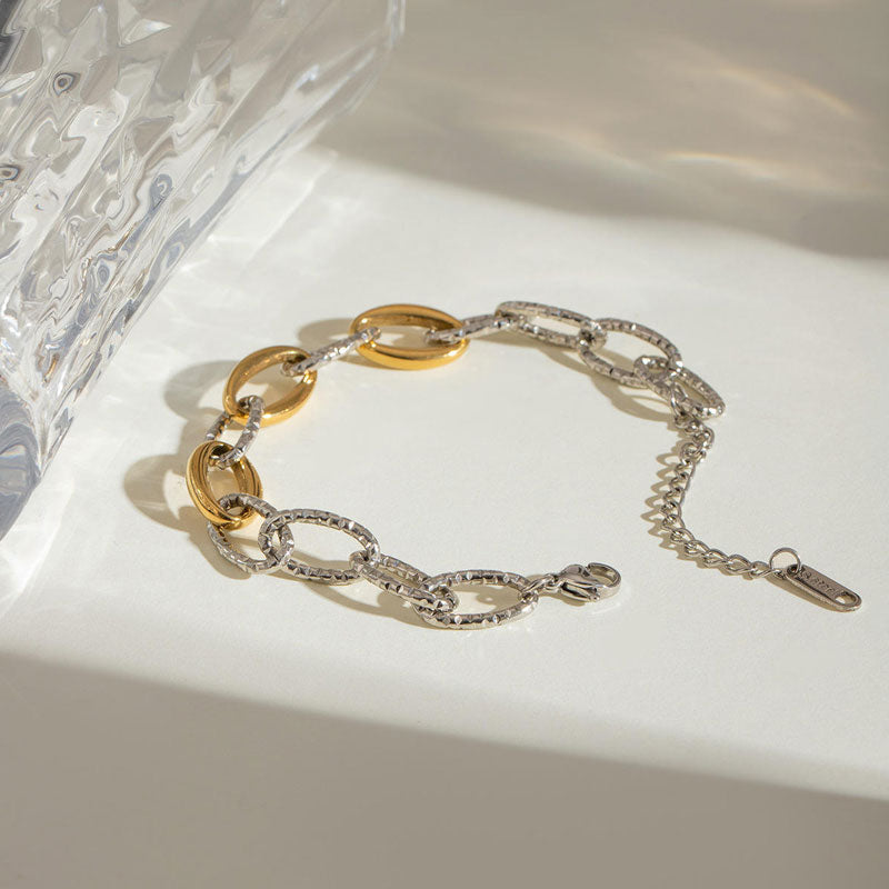 Stainless Steel Gold and Silver Color Blocking Splicing Hammer Pattern Thick Chain Bracelet Niche High-end Jewelry