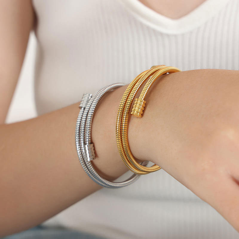 Trendy Women's 18K Gold Plated Stainless Steel Cuff Bracelet Waterproof Spring Elastic Design