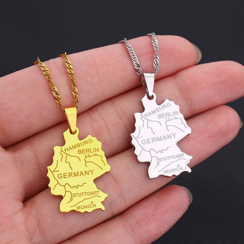Fashion Wholesale Custom Germany Map Pendant Gold Silver Stainless Steel Women's Chain Collar Necklace for Men Women