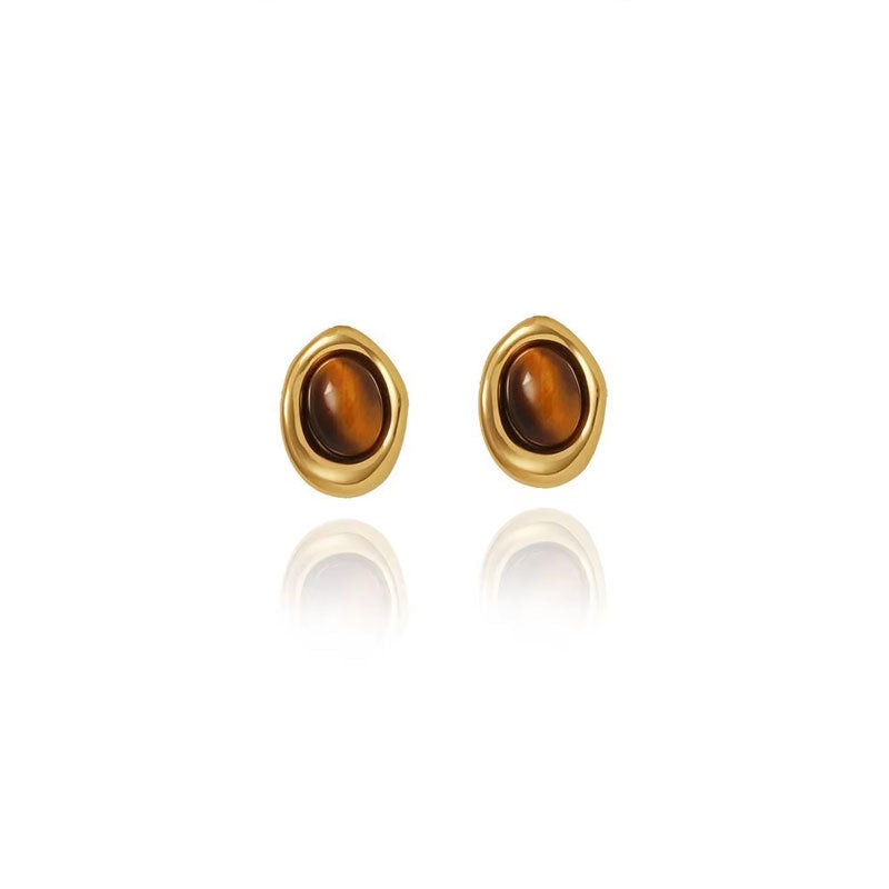 Natural Tiger Eye Stone Coffee Bean Murad Style Fashion Collar Chain Necklace Earrings Set Stainless Steel Custom Necklace