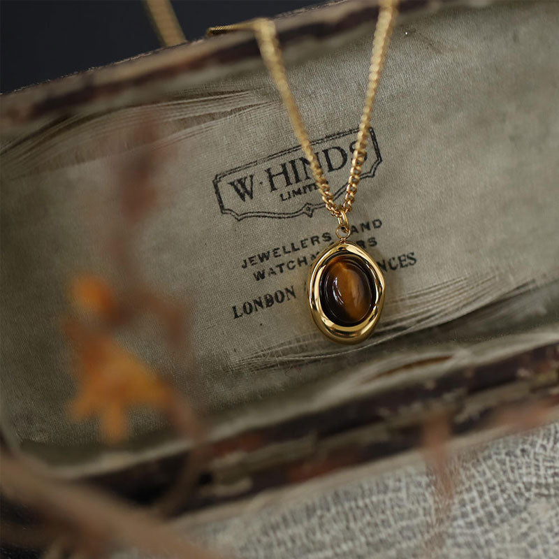 Natural Tiger Eye Stone Coffee Bean Murad Style Fashion Collar Chain Necklace Earrings Set Stainless Steel Custom Necklace
