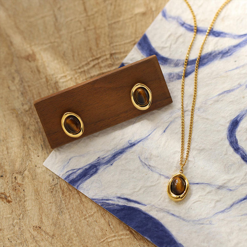 Natural Tiger Eye Stone Coffee Bean Murad Style Fashion Collar Chain Necklace Earrings Set Stainless Steel Custom Necklace