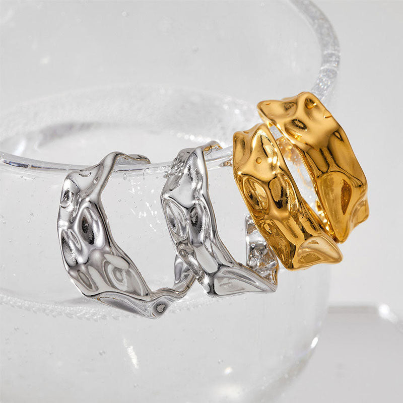 Classic Gold Plated Stainless Steel Wide Stud Earrings Irregular Crumpled Polished Curved Molten C Hoop Design