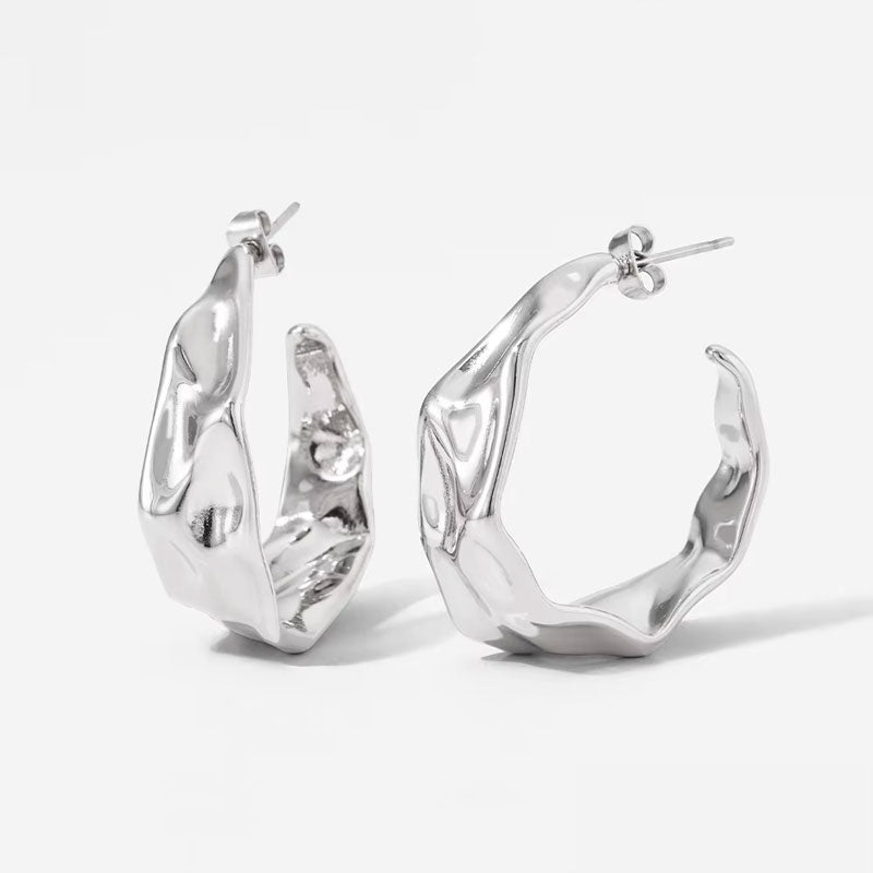 Classic Gold Plated Stainless Steel Wide Stud Earrings Irregular Crumpled Polished Curved Molten C Hoop Design