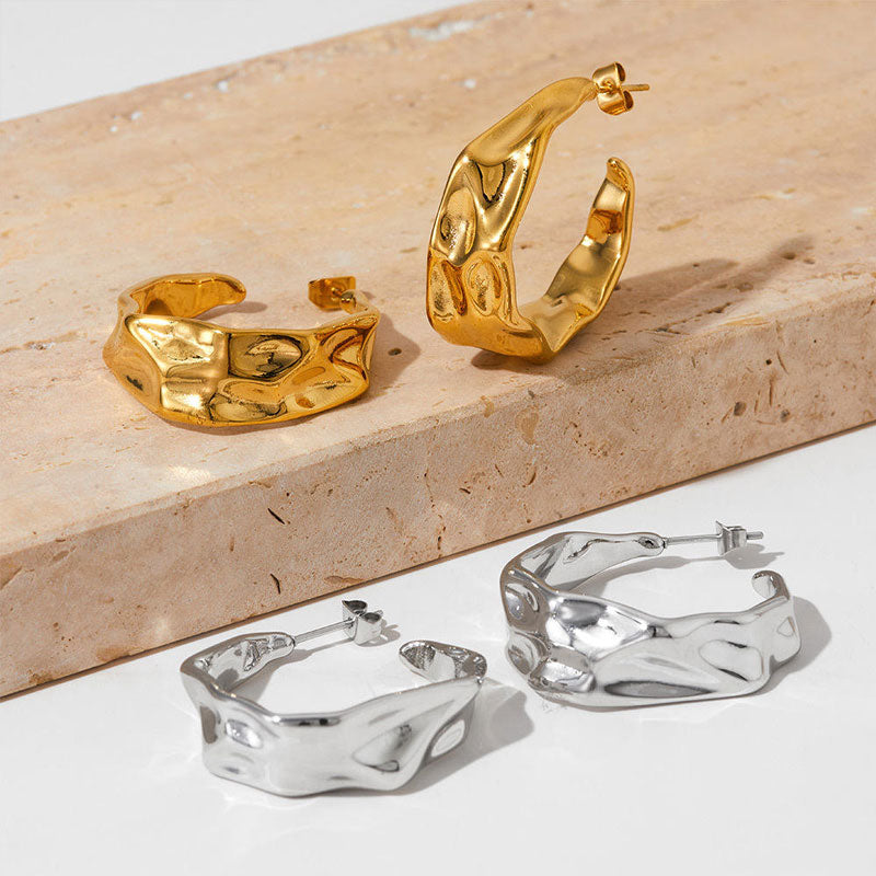 Classic Gold Plated Stainless Steel Wide Stud Earrings Irregular Crumpled Polished Curved Molten C Hoop Design