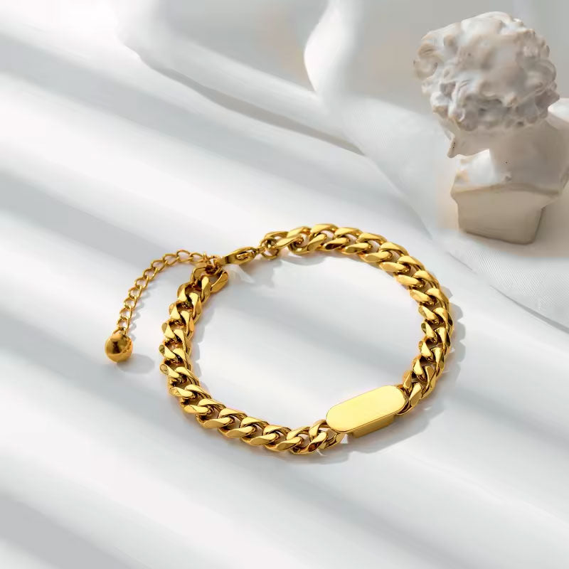 18K Gold INS Cool Wind Cuban Chain Pendant Necklace Bracelet Set Versatile Thick Stainless Steel Plated Geometric Classic Style