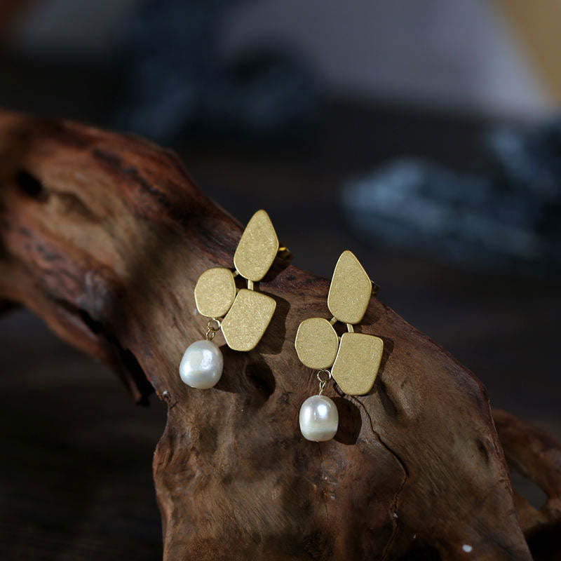 Retro Matte Texture Stainless Steel Fashion Jewelry Natural Freshwater Pearl Pendant Earrings