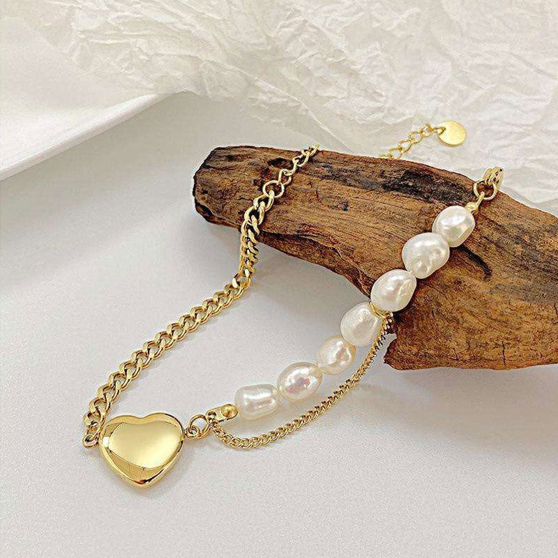 Fashion Women 18k Gold Plated Pearl Bracelet Stainless Steel Love Heart Charm Pendant Bracelet for Valentine's Day