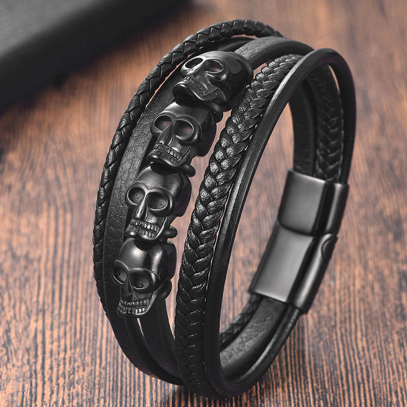 High Quality Wholesale 316L Stainless Steel Custom Fashion Skull Beads Charm Men Leather Bracelet
