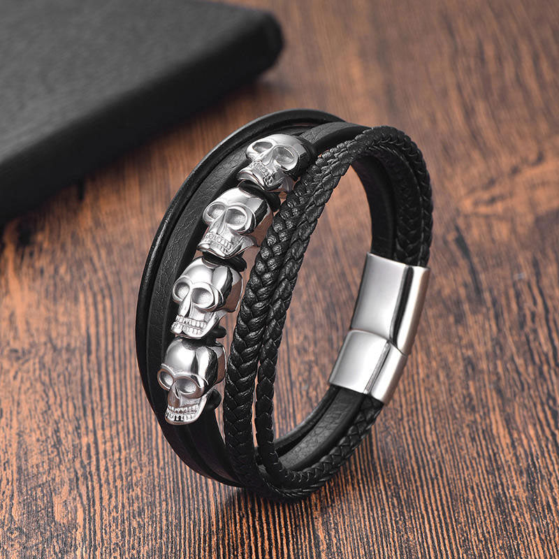 High Quality Wholesale 316L Stainless Steel Custom Fashion Skull Beads Charm Men Leather Bracelet