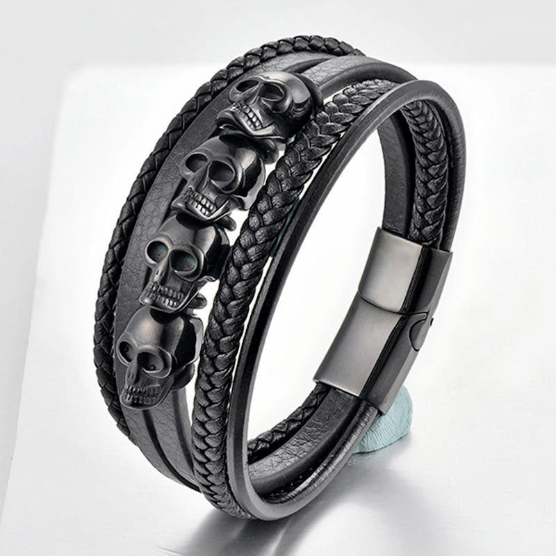 High Quality Wholesale 316L Stainless Steel Custom Fashion Skull Beads Charm Men Leather Bracelet