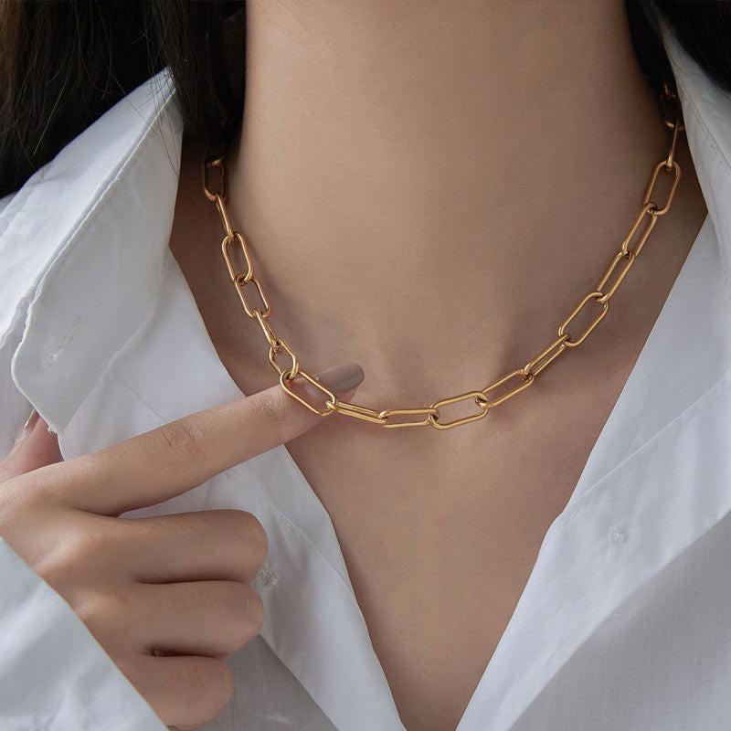 Versatile 18K Gold Plated Stainless Steel Basic Chain Thick Short Necklace for Autumn and Winter Coat Hoodie Accessories