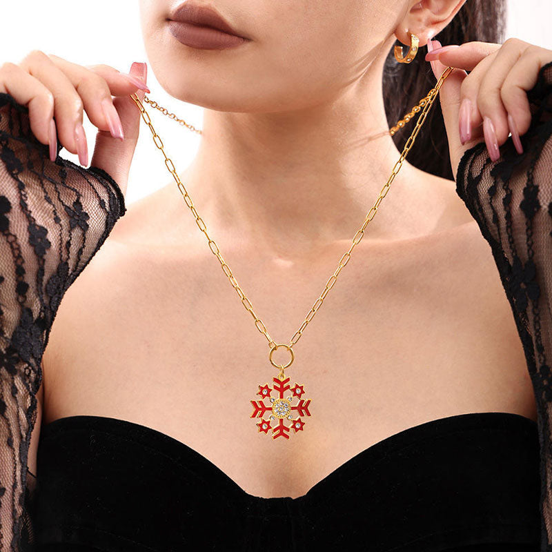 Romantic Christmas Snowflake Pendant Necklace Fashionable Stainless Steel Zircon Dripping Oil Trendy Gold Plating Claw Setting