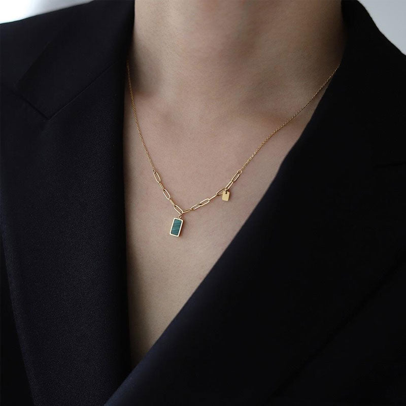 Fashion Pendant Stainless Steel Malachite Turquoise Lapis Square Natural Stone Pendant Necklace Jewelry