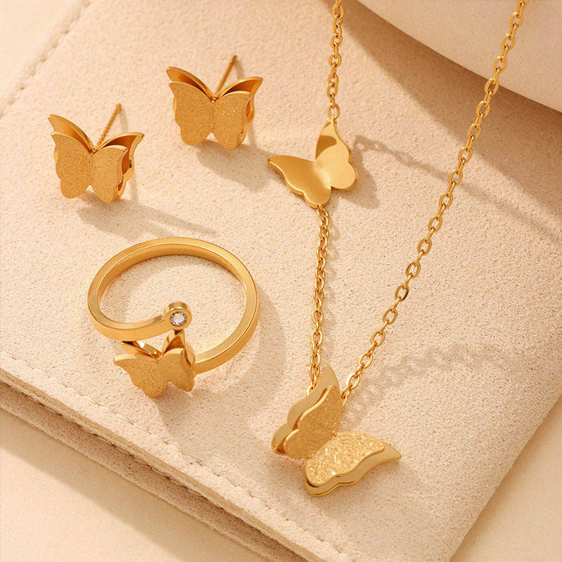 Casual Anti Tarnish Gold Necklace 18K Real Stainless Steel Butterfly Necklace Set for Women Girls