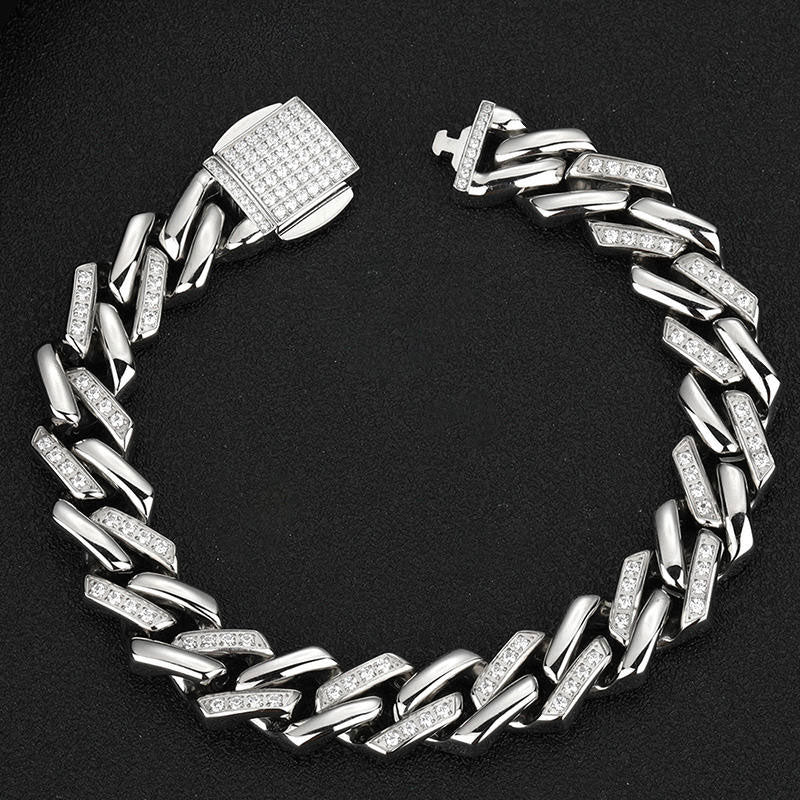 Fashion Wholesale Anti-Allergy High Polish Waterproof Stainless Steel Man Zircon Cuban Link Chain Bracelet