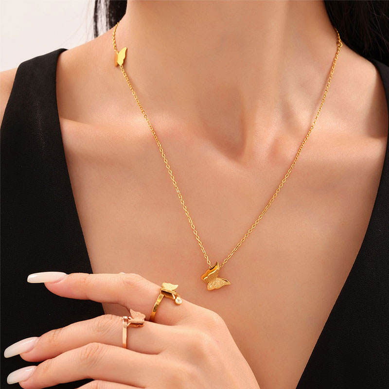 Casual Anti Tarnish Gold Necklace 18K Real Stainless Steel Butterfly Necklace Set for Women Girls