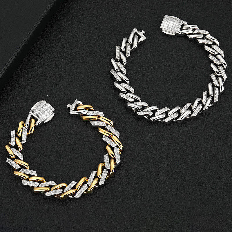 Fashion Wholesale Anti-Allergy High Polish Waterproof Stainless Steel Man Zircon Cuban Link Chain Bracelet