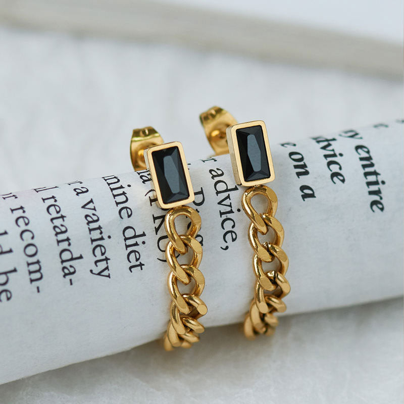 Fashion Design High Quality Wholesale Trendy Stainless Steel PVD Gold Plated Black Zircon Chain Earrings