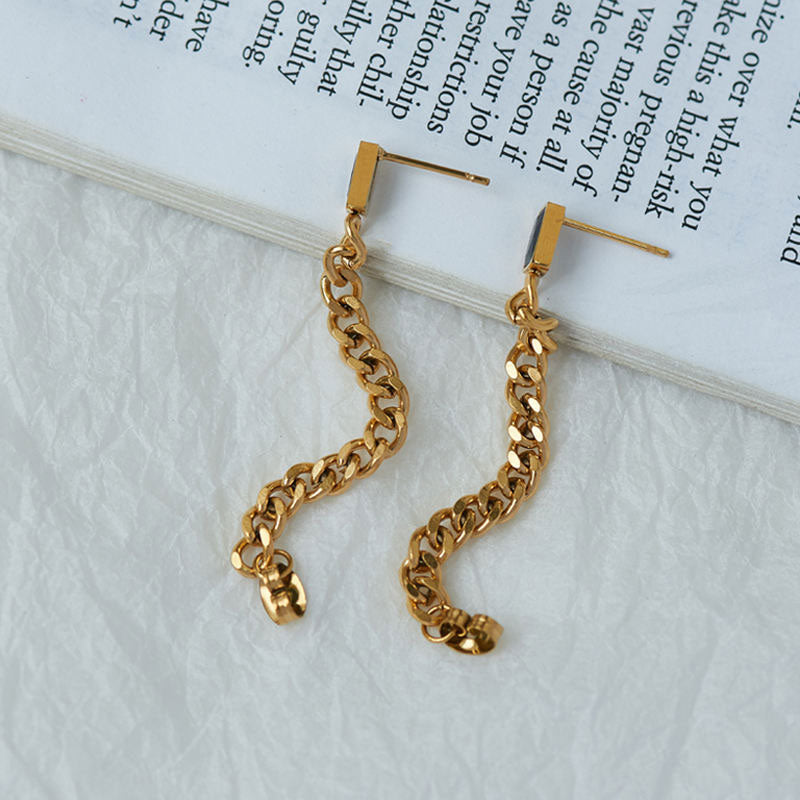 Fashion Design High Quality Wholesale Trendy Stainless Steel PVD Gold Plated Black Zircon Chain Earrings