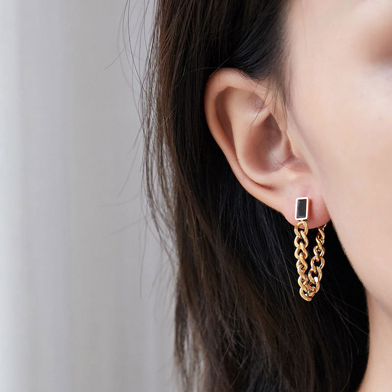 Fashion Design High Quality Wholesale Trendy Stainless Steel PVD Gold Plated Black Zircon Chain Earrings