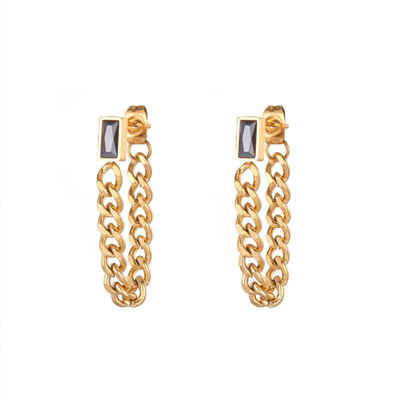 Fashion Design High Quality Wholesale Trendy Stainless Steel PVD Gold Plated Black Zircon Chain Earrings