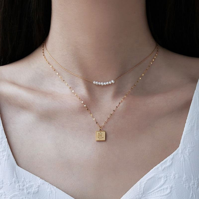 Eight Freshwater Pearl Necklace Short Collar Choker Small Smiling Bamboo Chain Gold Plated Rose Pendant Geometric Shape Gift