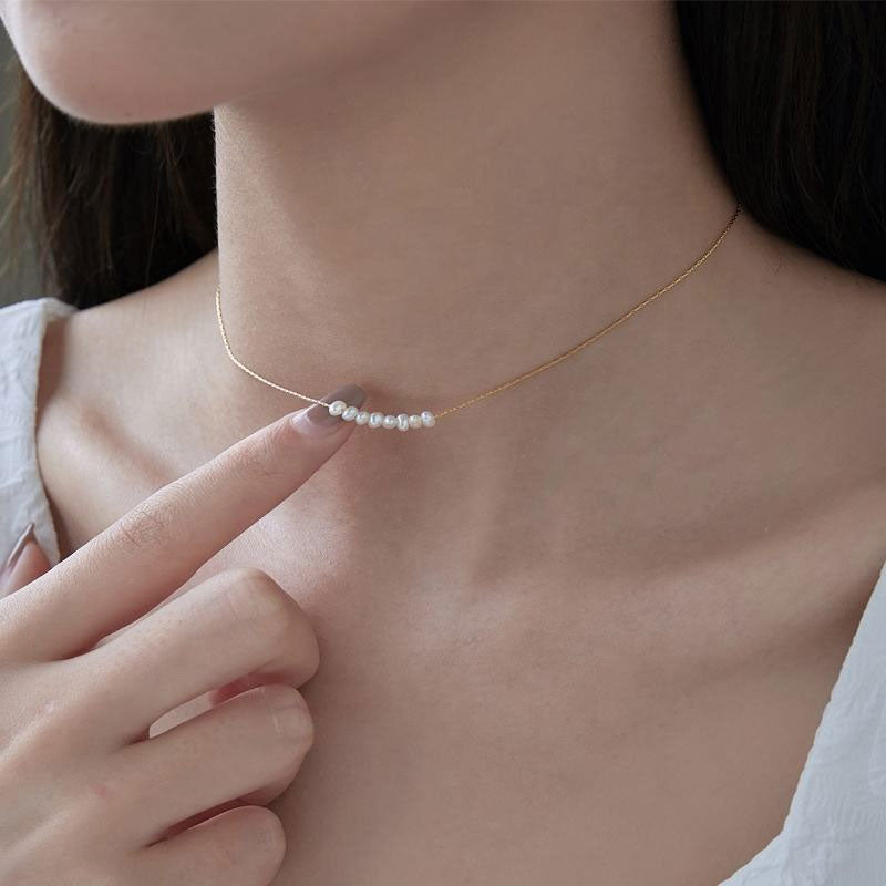 Eight Freshwater Pearl Necklace Short Collar Choker Small Smiling Bamboo Chain Gold Plated Rose Pendant Geometric Shape Gift