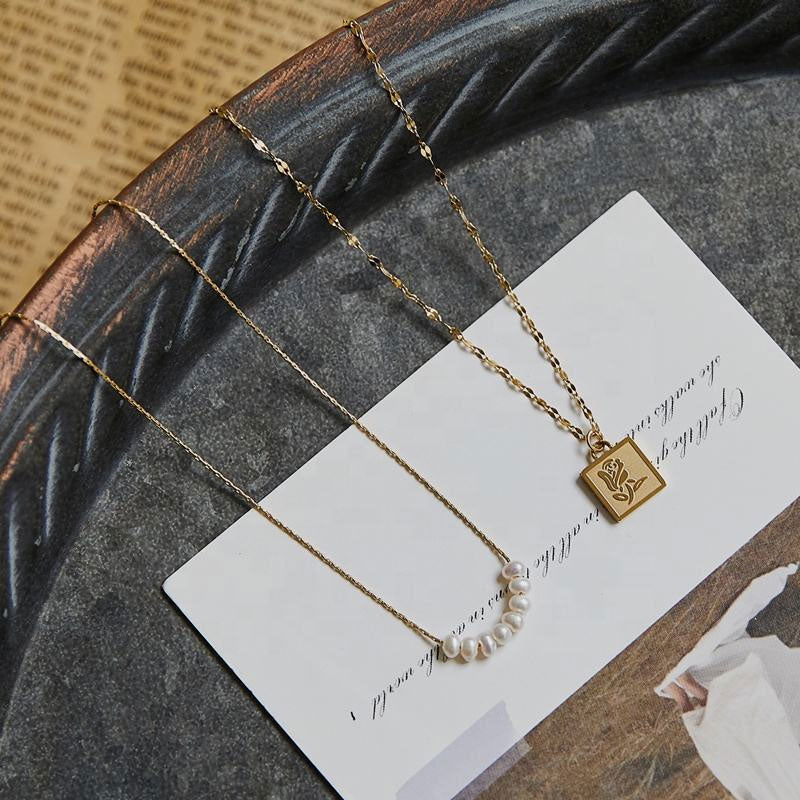 Eight Freshwater Pearl Necklace Short Collar Choker Small Smiling Bamboo Chain Gold Plated Rose Pendant Geometric Shape Gift