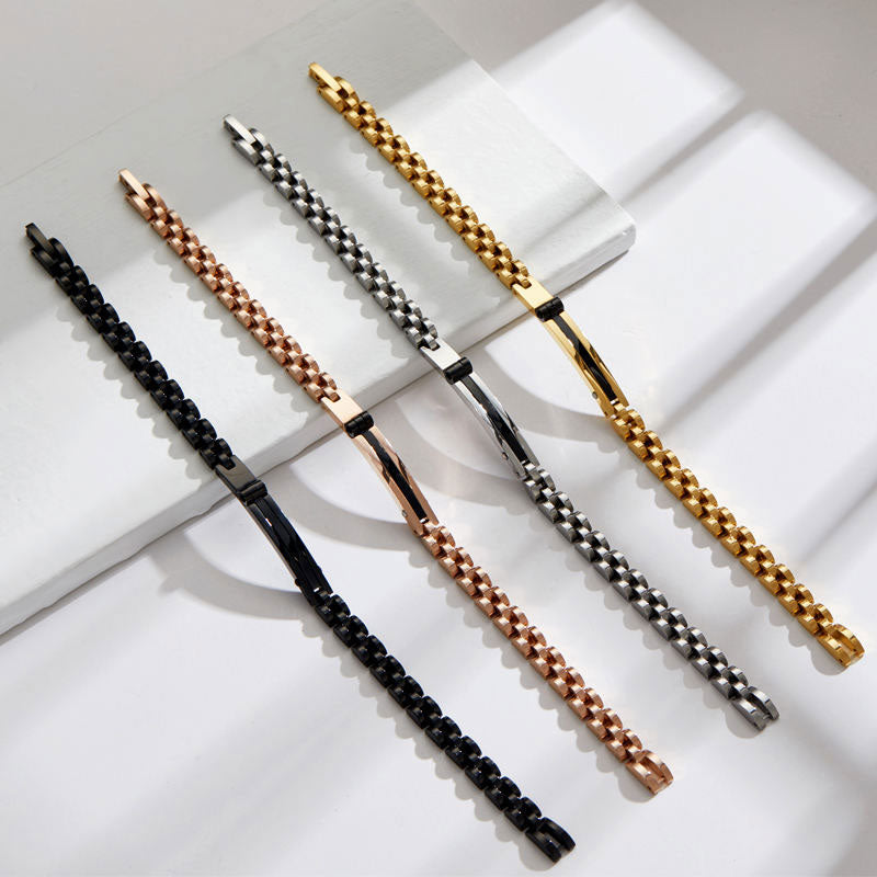 Women's Stainless Steel Beaded Bracelet with Geometric Curved Plate Band Fashion Jewelry Watch Strap Style Accessories