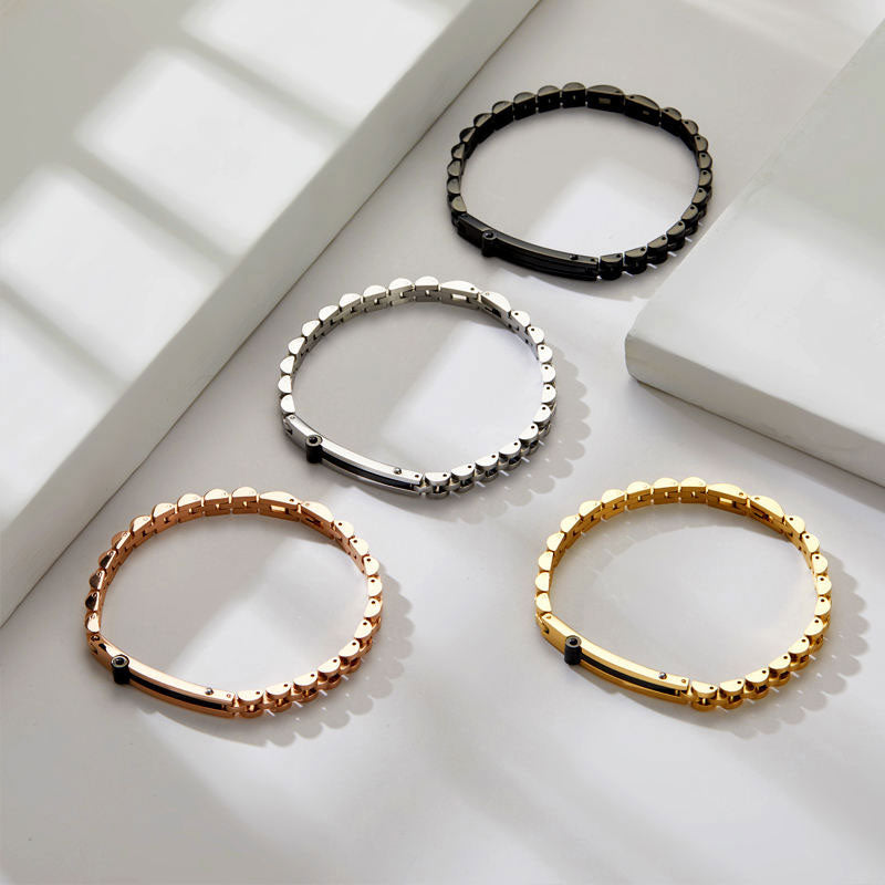 Women's Stainless Steel Beaded Bracelet with Geometric Curved Plate Band Fashion Jewelry Watch Strap Style Accessories