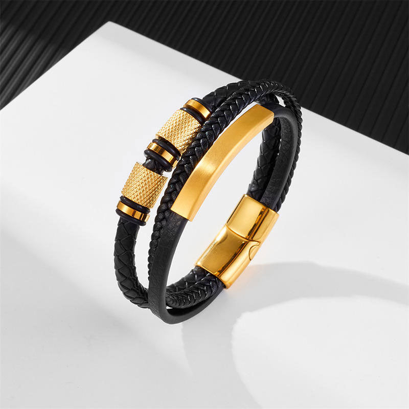 Fashion Wholesale Stainless Steel Gold Plated Designer Leather Bracelets and Bangles for Men