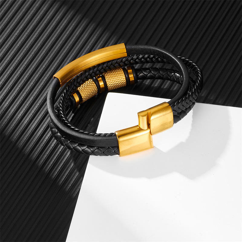 Fashion Wholesale Stainless Steel Gold Plated Designer Leather Bracelets and Bangles for Men