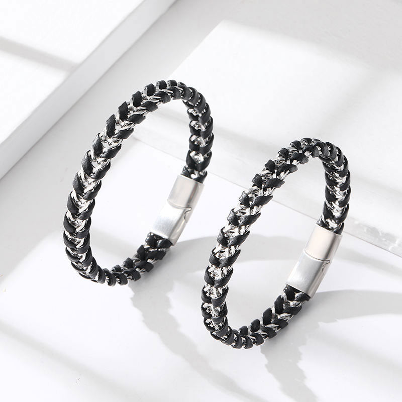 Wholesale High Quality Custom Men's Stainless Steel Braided Leather Bracelet New Design Fashionable Gold Plated Trendy Style