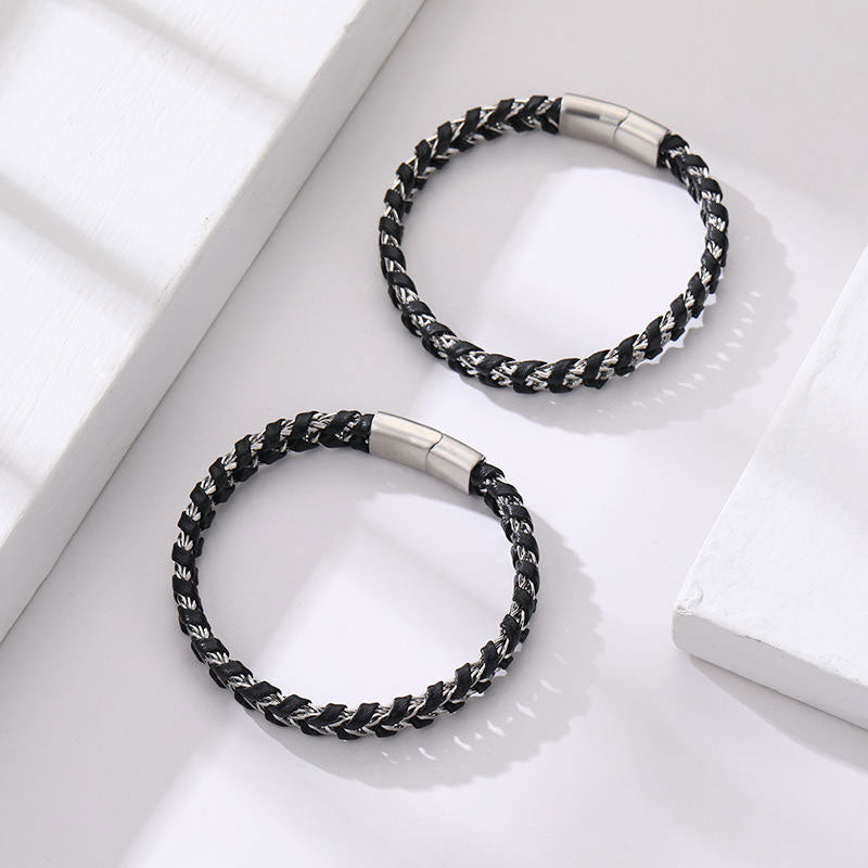 Wholesale High Quality Custom Men's Stainless Steel Braided Leather Bracelet New Design Fashionable Gold Plated Trendy Style