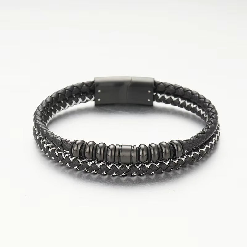 Custom New Design Trendy Wholesale Men's Stainless Steel Leather Bracelet