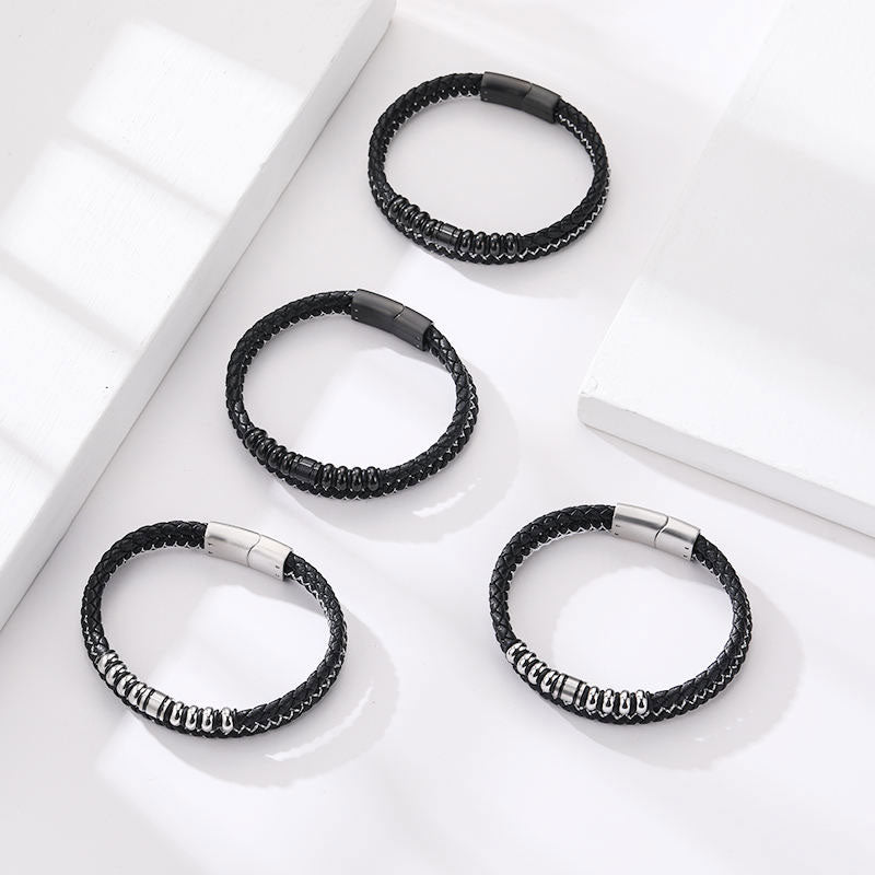 Custom New Design Trendy Wholesale Men's Stainless Steel Leather Bracelet