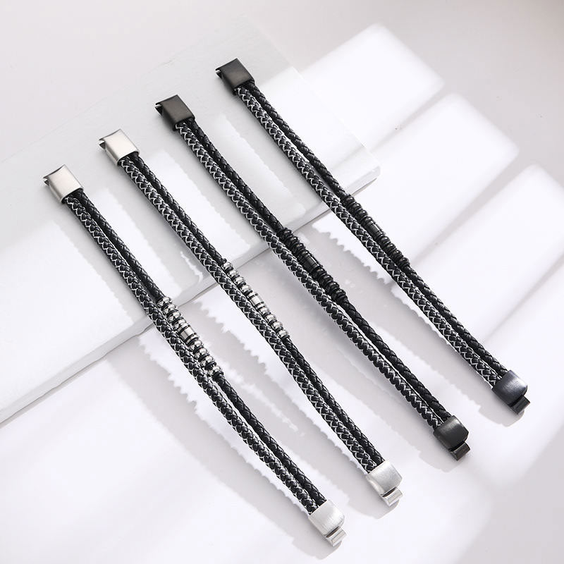 Custom New Design Trendy Wholesale Men's Stainless Steel Leather Bracelet