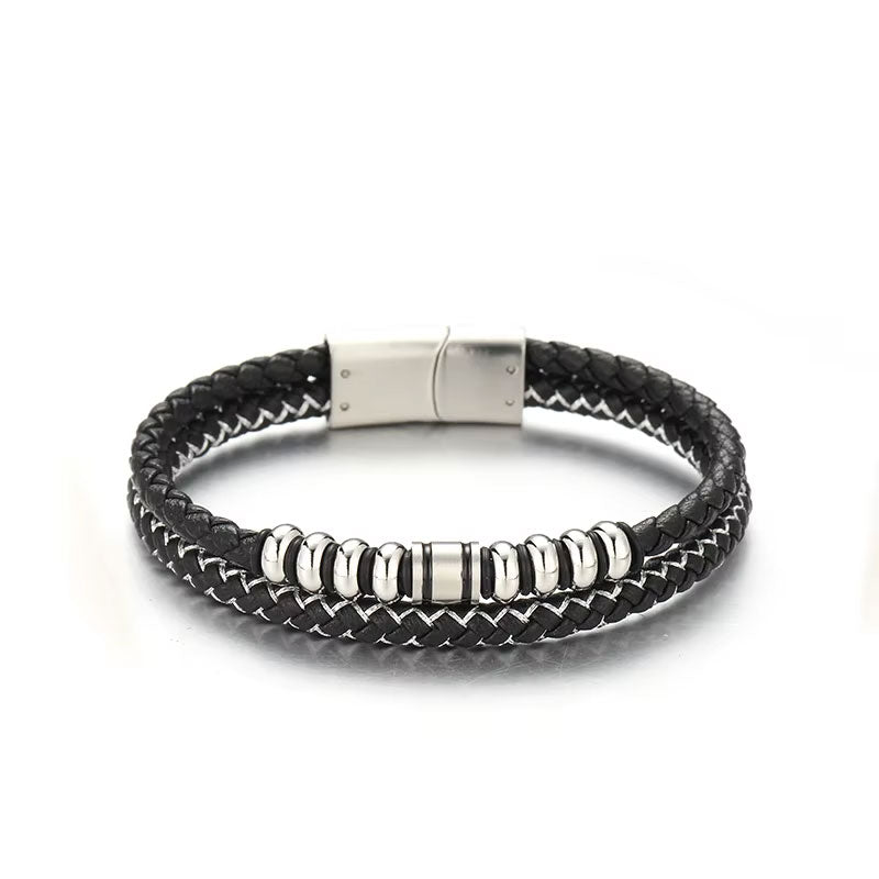 Custom New Design Trendy Wholesale Men's Stainless Steel Leather Bracelet