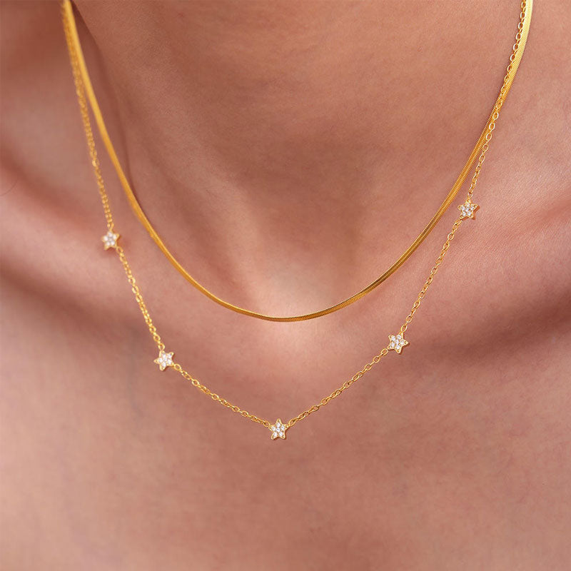 Pentagram Zircon Full Stars Collarbone Necklace Simple Double Layer Titanium Steel Gold-Plated Trendy Stainless Steel Necklace