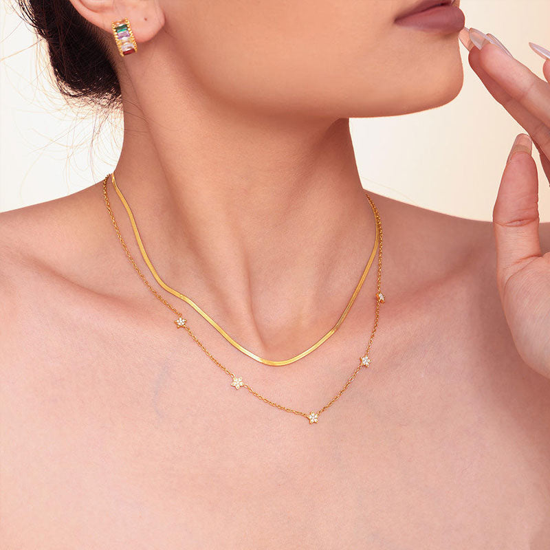 Pentagram Zircon Full Stars Collarbone Necklace Simple Double Layer Titanium Steel Gold-Plated Trendy Stainless Steel Necklace