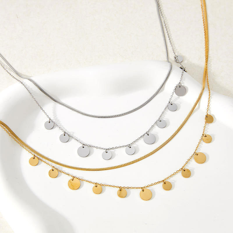 Trendy 18K Gold Plated Stainless Steel Snake Chain Necklace for Women Featuring Pearl Disc Coin Pendant and Layered Design
