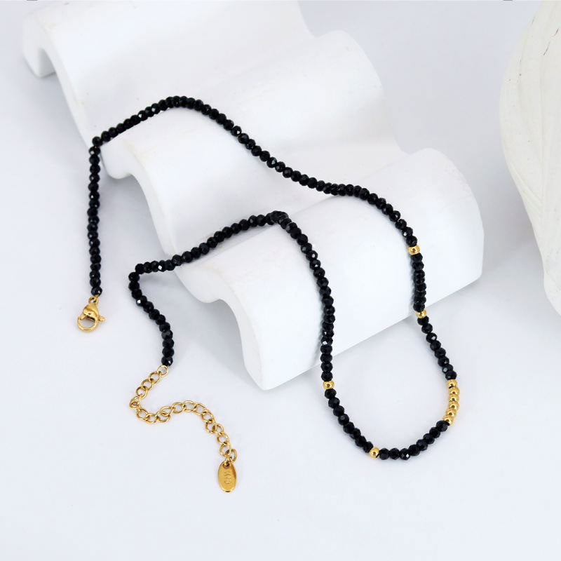 Handmade Beaded Necklace for Women Cut Black Diamond Small Gold Beads Versatile Layered Fashion Jewelry Necklaces