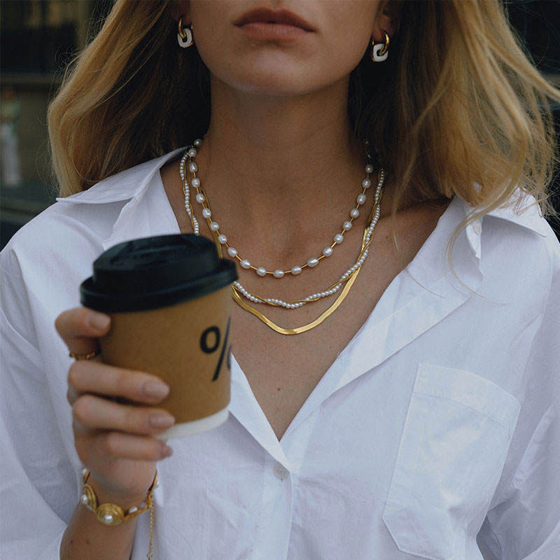 Trendy No Fading Stainless Steel 14k 18k Real Gold Solid Gold Pearl Chain Necklace for Women