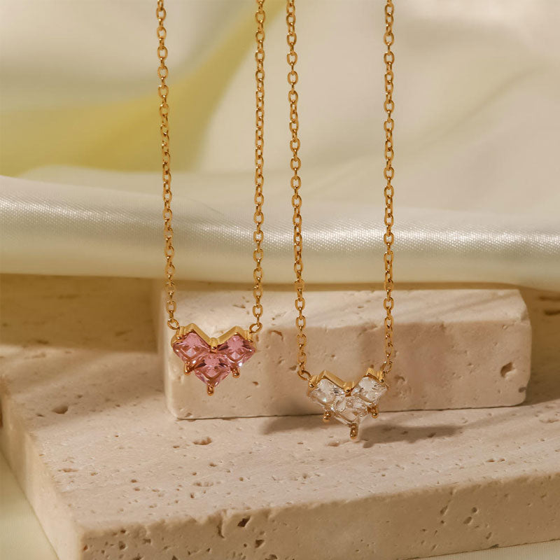Fashionable 18K Gold-plated Stainless Steel Zircon Necklace Inlaid with pink and White Zircon Heart-shaped Necklace for Women