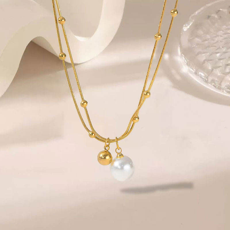 Minimalist Waterproof Charm Anti Tarnish Stainless Steel Solid Gold Jewelry Pearl Pendant Necklace 14k for Women